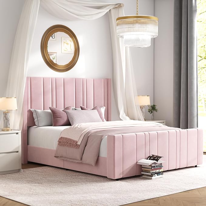 HOMBCK Queen Bed Frame Pink Upholstered Bed with Vertical Channel Tufted Headboard & 22" Footboard, Noise Free/Wooden Slats/Noise Free/No Box Spring Needed/Easy Assembly-Ruum Studio Home