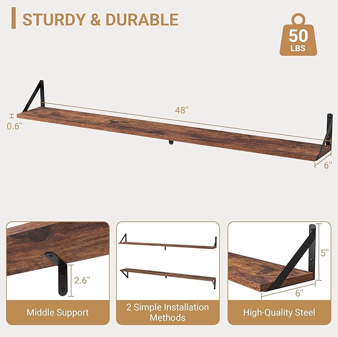 Heimlove 48 Inch Large Wall Bookshelves Set of 3, Wall Mounted Bookshelves,Heavy Duty Wooden Shelves for Living Room,Bedroom,Kitchen,Laundry Room Storage & Decor-Ruum Studio Home