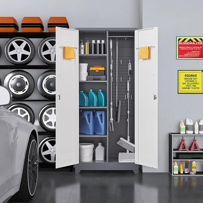 Garage Storage Cabinet,Broom Closet with Lock,Locking Cabinets with Hanging Rod & S-Hooks for School,Garage,Grey-White-Ruum Studio Home