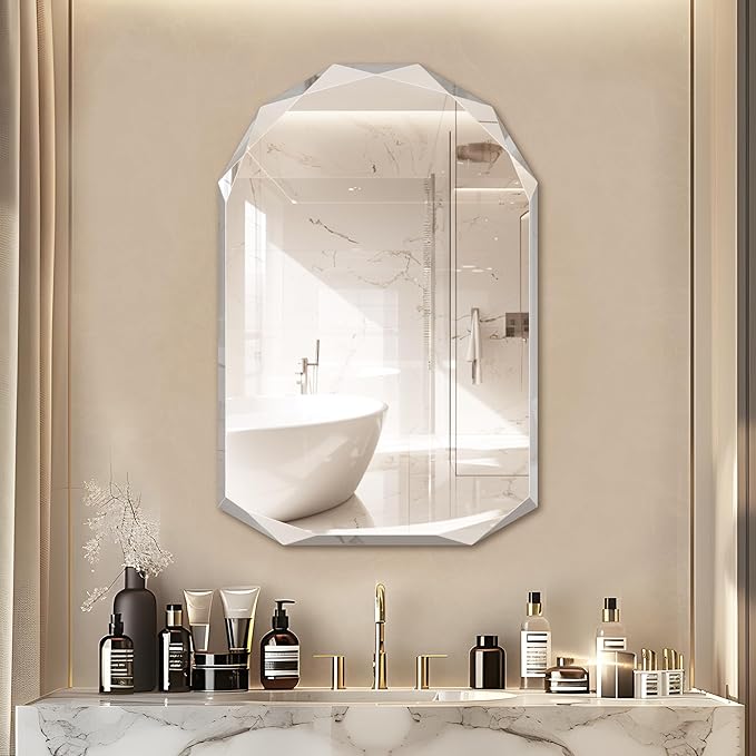 Bathroom Mirror for Wall, 24" x 36" Arched Mirror, Bathroom Vanity Mirror, Beveled Edge Frameless Wall Mount Vanity Mirrors, Wall Mirrors Decorative, Irregular Beveled Edge Mirror-Ruum Studio Home