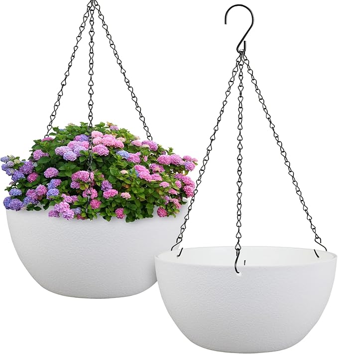 12 inch Large Hanging Planters for Indoor Outdoor Plants, 2 Pack Hanging Flower Pots with Drainage Holes and Chain for Garden Porch, Plastic Hanging Baskets for House Plants, White-Ruum Studio Home