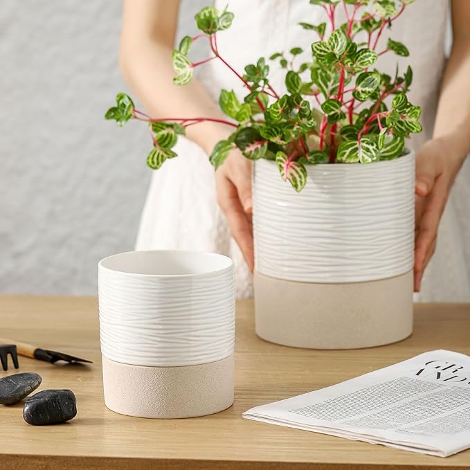Nihow Self Watering Plant Pot for Indoor Plants: 4.5+6 Inch Ceramic Planter with Drainage Hole & Water Storage Plus - Cylinder Flower Pot with Wick for Herbs -White & Brown-Ruum Studio Home