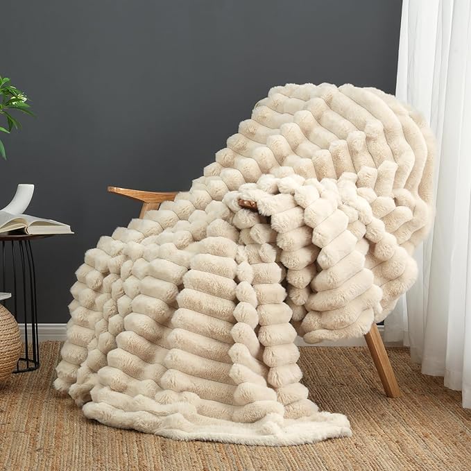 Cozy Bliss Faux Fur Throw Blanket for Couch, Cozy Warm Plush Striped Blanket for Sofa Bedroom Living Room,50 * 60 Inches Beige-Ruum Studio Home