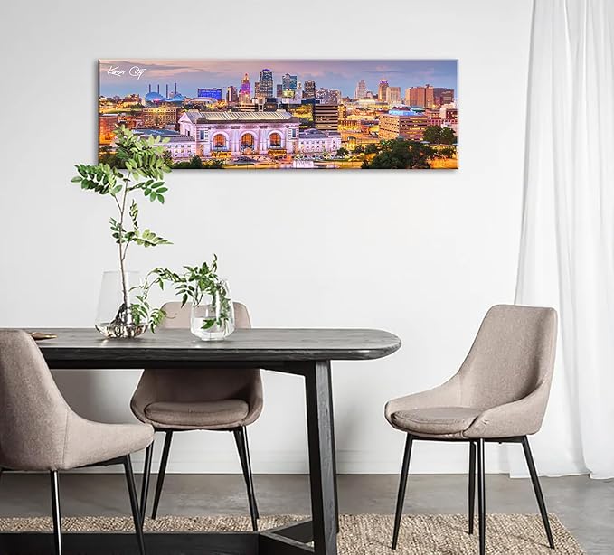 Pictures for Bedroom Kansas City Skyline Wall Art Canvas Prints Cityscape USA City Building Panoramic Night View Posters Modern Home Office Living Room Decoration Framed 13.8"x 45.3"-Ruum Studio Home