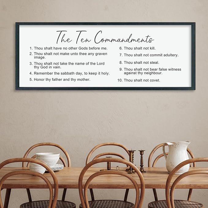 LuZhiQiang The Ten Bible Verse Wall Decor 40"×15" God Jesus Prayer for Christian Saying Catholic Scripture Sign Large Wood Framed Wall Hanging Art (Black)-Ruum Studio Home