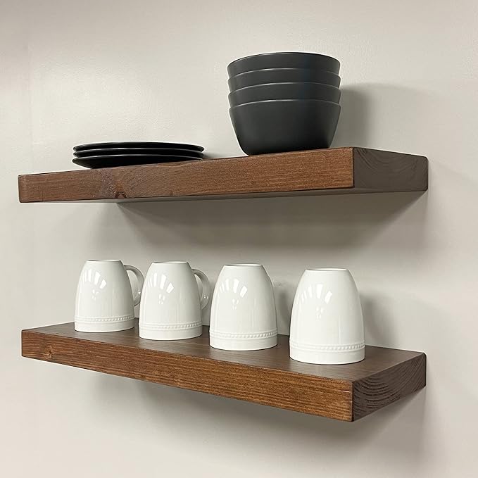 URBANDI, Rustic Floating Shelves, Set of 2, Hidden Bracket, Solid Wood, Heavy Duty, Wall Mounted Shelves, (Provincial, 48Wx12D)-Ruum Studio Home
