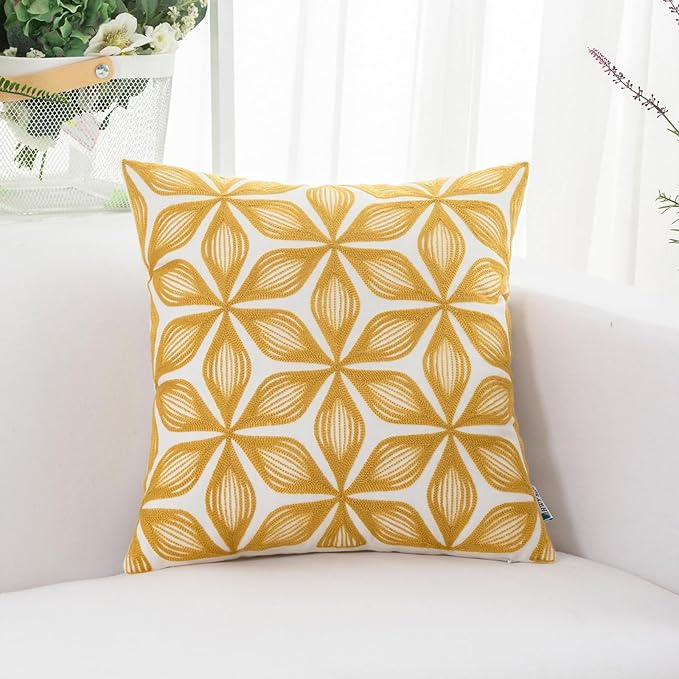 HWY 50 Yellow Decorative Throw Pillow Covers 18x18 Inch (1 Piece), Embroidered Cotton Farmhouse Cushion Cover Pillow Case for Sofa Couch Living Room Bed, Fashion Geometric-Ruum Studio Home