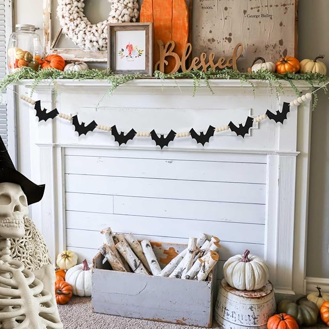 2 Packs Halloween Decorations Garland, Felt Bats Halloween Decor Banner with Wood Beads for Fireplace Mantel Fireplace Home Indoor-Ruum Studio Home