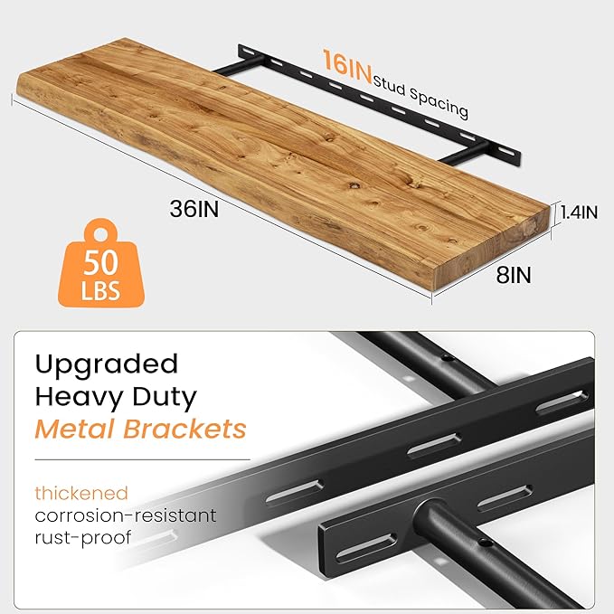Floating Shelves for Wall, 36" Live Edge Solid Elm Wood Floating Shelf, Wall-Mounted Display Shelves with Invisible Heavy-Duty Metal Bracket, Floating Shelf for Kitchen (Natural, Set of 2)-Ruum Studio Home