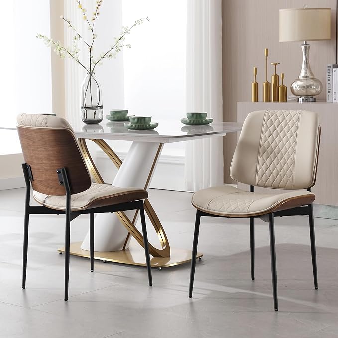 BV Dining Chairs Set of 6, PU Leather Armless Kitchen Chair in Modern Walnut Style, Mid Century Bentwood Side Chair with Metal Legs, Retro Accent Guest Chair for Kitchen Dining Room(Beige)-Ruum Studio Home