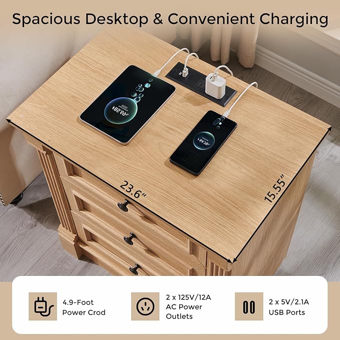 26" Tall Farmhouse Nightstand, 3 Drawers End Table w/Charging Station, 23.6" Wide Large Side Table w/Roman Column, Wood Rustic Sofa Table for Bedroom, Natrual-Ruum Studio Home