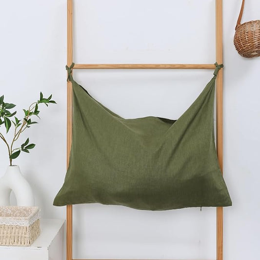 Hanging Linen Laundry Bag, 100% Pure Flax Linen Over The Door Hamper with Bottom Zipper for Laundry Room, Household Dirty Cloth Storage Organizer Bag, Army Green-Ruum Studio Home