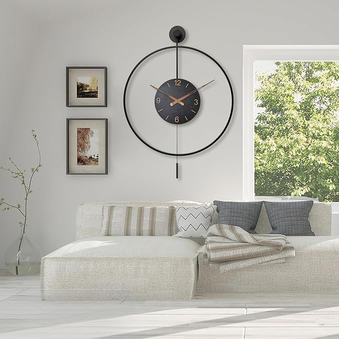 Large Modern Wall Clock,34.6×24 Inch Big Metal Minimalist Arabic Numeral Dial,Decorative Farmhouse Pendulum Wall Clocks with Walnut Pointers forLiving Room Decor, Office,Dining Room-Ruum Studio Home