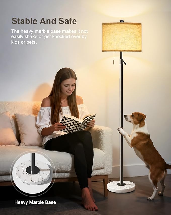 Floor Lamp for Living Room - Adjustable Height Standing Lamp with Marble Base & Linen Shade - Tall Pole Floor Light with 3 Color Temperatures Bulb for Bedroom, Reading - Easy Assembly-Ruum Studio Home