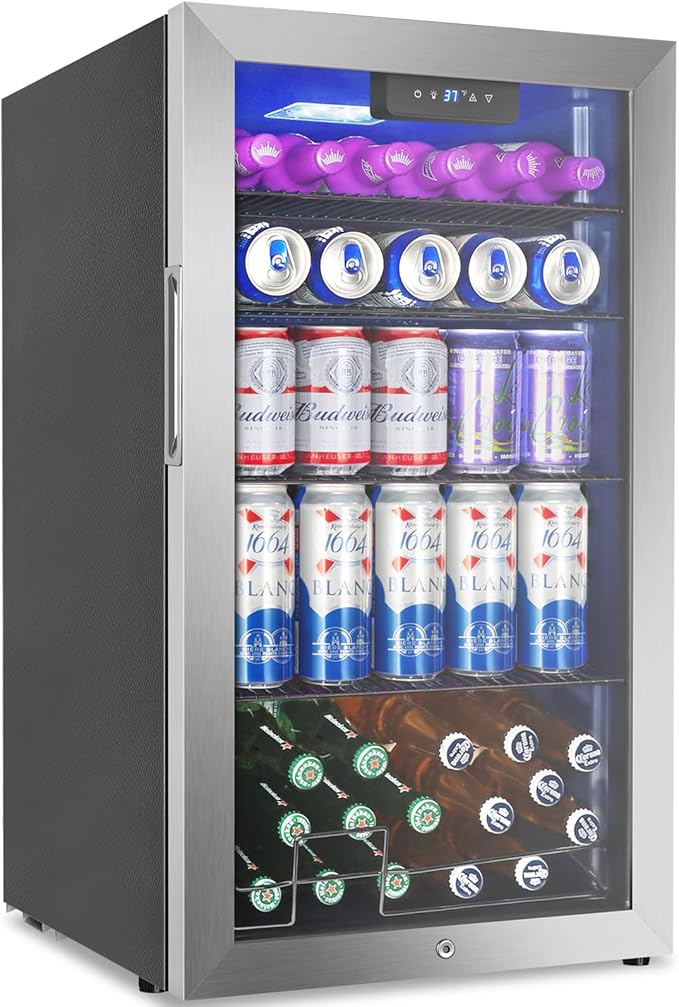 Beverage Refrigerator Cooler, 128 Cans Mini Fridge Glass Door for Drink Beer Soda Wine, 3.2 Cu.Ft Small Fridge for Kitchen Bedroom Office Bar, with 4 Adjustable Removable Shelves, Stainless Steel-Ruum Studio Home