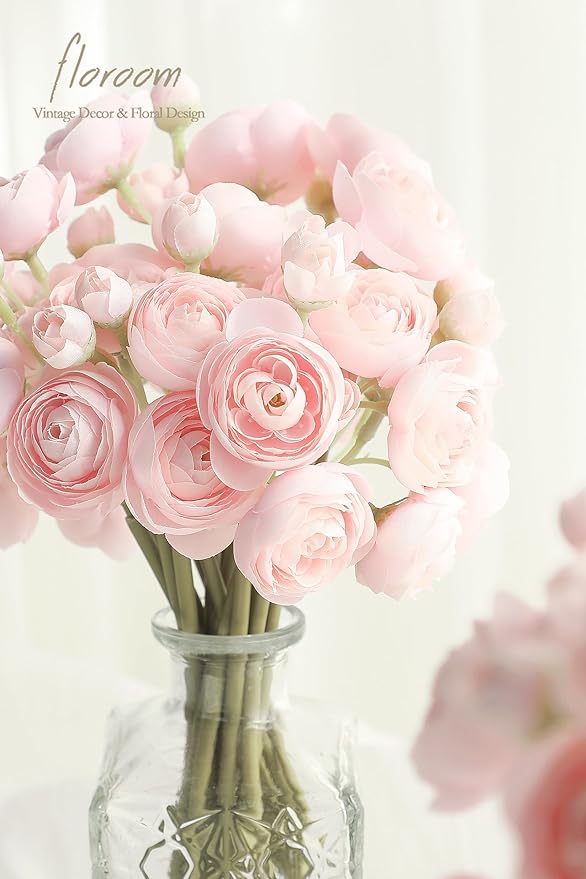 Floroom Ranunculus Artificial Flowers 18 Pcs Blush Faux Silk Mini Ranunculus Bulk Fake Wedding Filler Flowers for DIY Pink Bouquets, Centerpieces, Bridal Shower Decorations & Arrangements-Ruum Studio Home