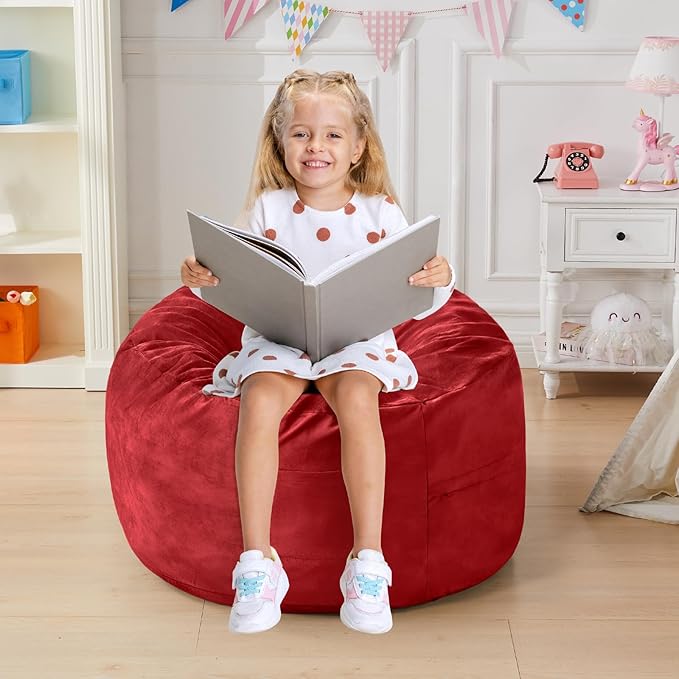 Bean Bag Chairs for Kids - Memory Foam Furniture BeanBag Chair - Kids/Teens Sofa with Soft Micro Fiber Cover - Round Fluffy Couch for Living Room Bedroom College Dorm - 2.5 ft, Red-Ruum Studio Home