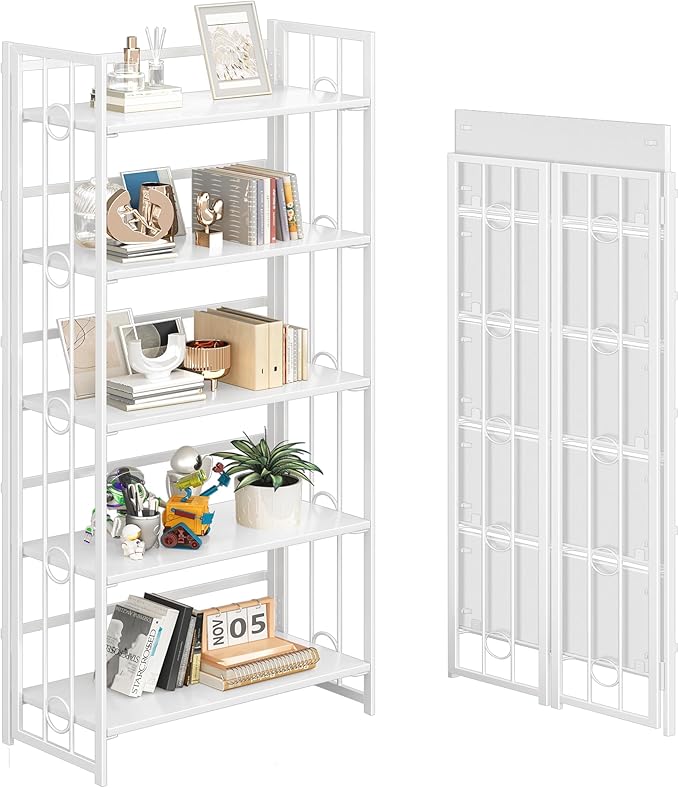 4NM No Assembly 5 Tiers Folding Bookshelf, 59.4" H Foldable Storage Shelves Vintage Bookcase Standing Racks Study Organizer Home Office - All White-Ruum Studio Home
