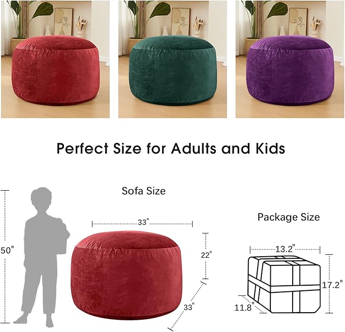 Bean Bag Chairs for Adults - Memory Foam Furniture BeanBag Chair - Kids/Teens Sofa with Soft Micro Fiber Cover - Round Fluffy Couch for Living Room Bedroom College Dorm - 3 ft, Red-Ruum Studio Home