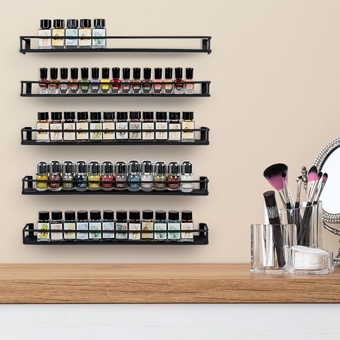 MyGift 16 Inch Wall Mounted Black Metal Nail Polish and Essential Oil Display Shelves, Kitchen Hanging Racks for Seasoning Shakers or Spice Jars, Set of 5-Ruum Studio Home