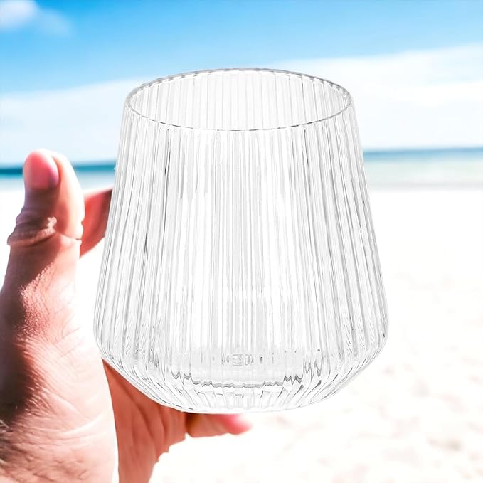 24 Pack Ribbed Origami Ripple Plastic Glasses, 12-9 Ounce Stemless Champagne Flutes & 12-12 Ounce Cups, BPA-Free Disposable Shatterproof Toasting Glasses for Weddings, Bars, and Events (Clear)-Ruum Studio Home