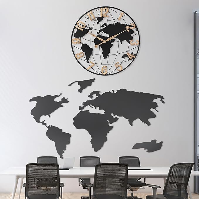 30 Inch Extra Giant Large Wall Clock Oversized,Black Big Metal Modern Decorative Silent World Map Wall Clock with Vintage Gold Arabic Numeral for Office,Living Room,Kitchen,Dining Room Decor-Ruum Studio Home