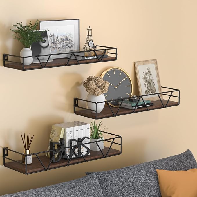 Floating Shelves Set of 3, Home Wood Wall Shelf, Farmhouse Shelf for Bedroom, Wall Mounted Floating Shelf for Living Room, Bedroom, Bathroom, Kitchen, Office (Black)-Ruum Studio Home