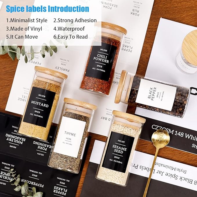 24 Pcs Glass Jars With 296 Spice Labels Preprinted of White and Black Color- 4oz Thicken(2.4mm) Empty Small Herb Seasoning Containers With Bamboo Airtight Lids-Ruum Studio Home