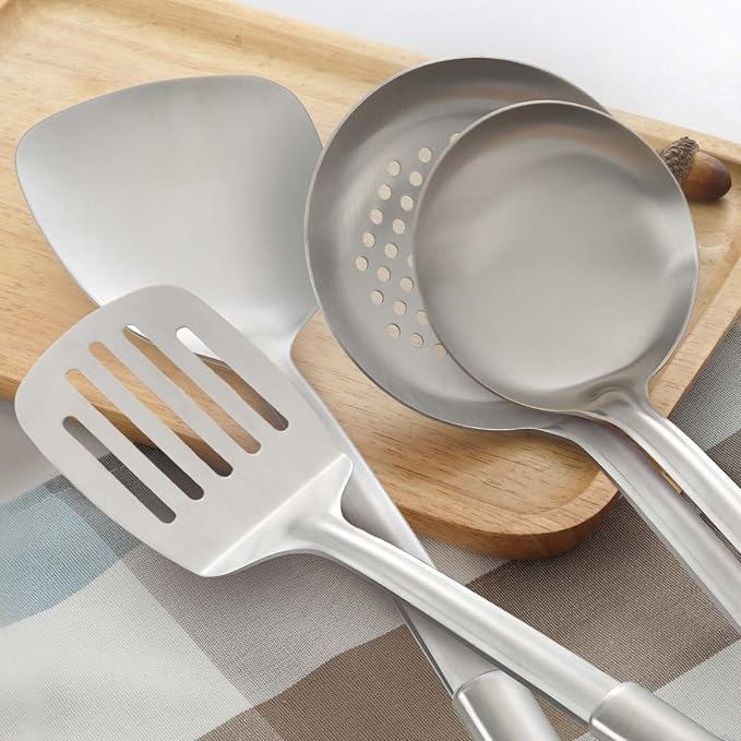 Pleafind 4-Pcs Cooking Utensils Set, Stainless Steel Kitchen Utensils, Wok Utensils Set Include Wok Ladle, Slotted Spoon, Wok Spatula and Slotted Spatula, Dishwasher Safe-Ruum Studio Home
