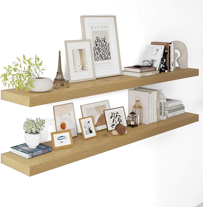 12 Inch Deep Floating Shelves 55 inch Long, 55 x 12 Wide Wall Shelves with Invisible Brackets, Heavy Duty Shelf for Bedroom Bathroom Living Room Kitchen Office Home Decor, Modern Shelf Set of 2, Oak-Ruum Studio Home