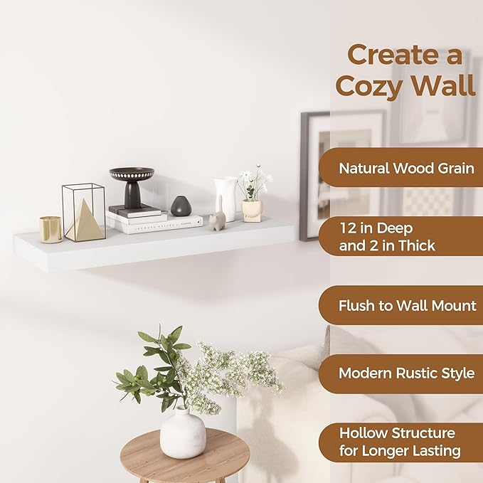 Fun Memories White Floating Shelves 30x 12 Inch, Deep Floating Shelf Wall Mounted, 12" Deep Wall Shelves for Books, Bathroom, Bedroom, Kitchen, Thicked Shelves for Home Storage & Display, Set of 2-Ruum Studio Home