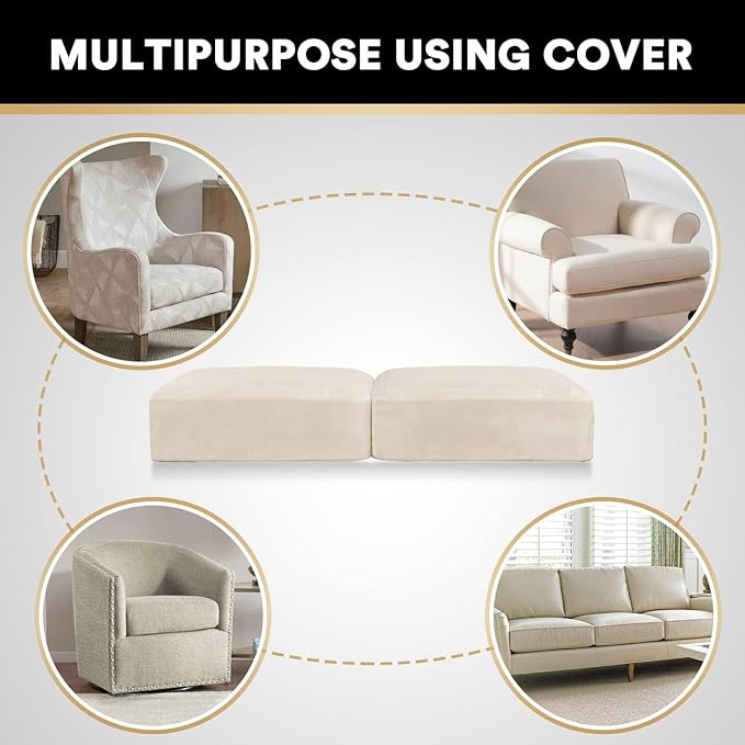 PrinceDeco Velvet Couch Cushion Cover Soft Stretch Cushion Slipcover for Chair Loveseat Sofa Cushion Furniture Protector Seat Cushion Sofa Cover (2 Piece Large Sofa Cushion Covers, Ivory)-Ruum Studio Home