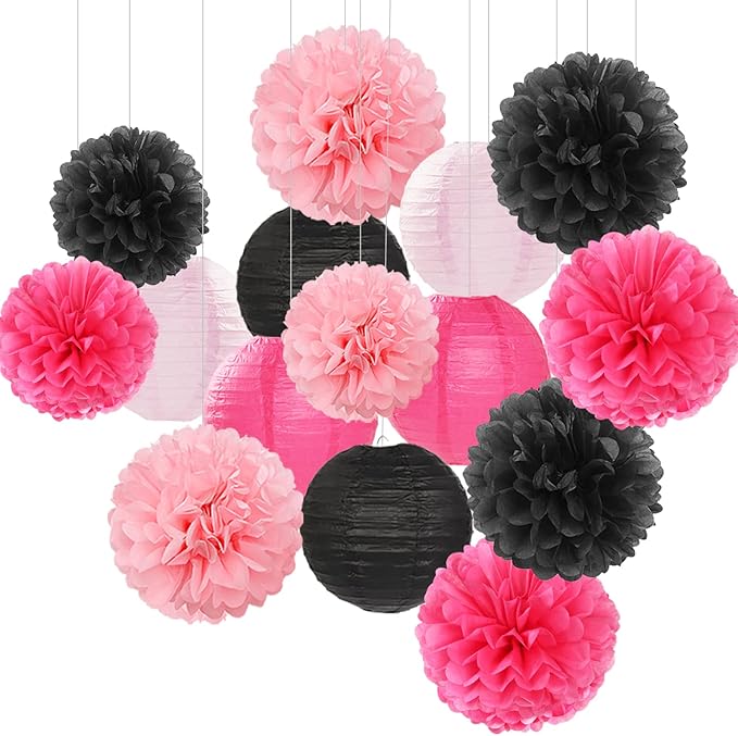 Hot-Pink Black Party-Decorations Paper Flowers Lanterns - 15PCS Graduation Birthday Tissue Pom Poms Streamers,Baby Girl Women Bachelorette Hanging Supplies Decor Hugfond-Ruum Studio Home