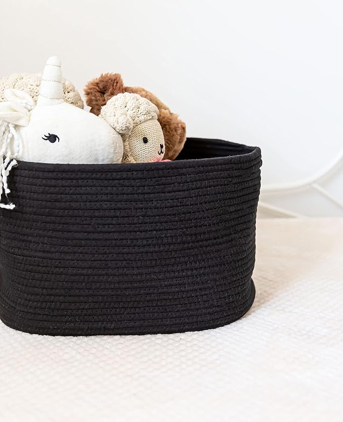 OrganiHaus Woven Storage Baskets for Organizing, Cotton Rope Organizer Bins for Shelves, Closet & Nursery, Dog Toy Basket, Decorative Bins for Toys, Towels & Books - 15x10x9, Black-Ruum Studio Home