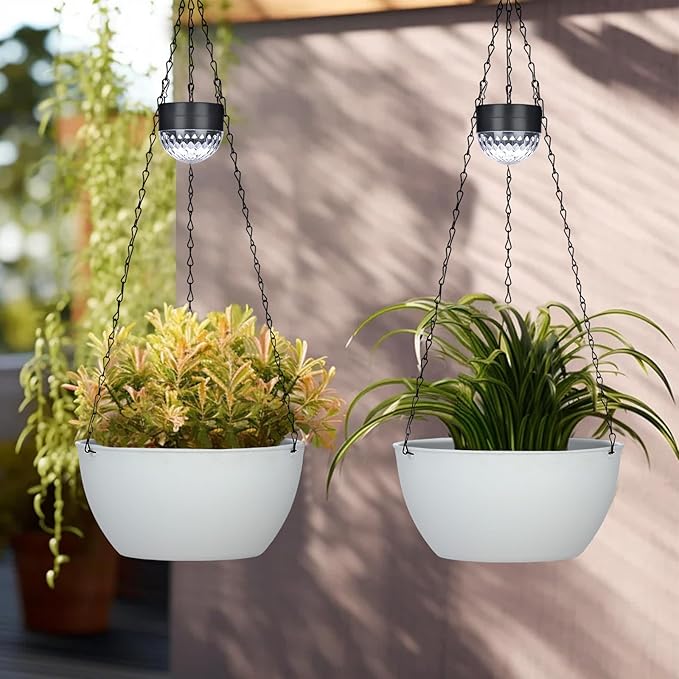 2 Packs Solar Hanging Basket Planters for Plants Outdoor, Self Watering White Flower Plants Pots with Solar Light Drainer for Balcony Patio Garden Outdoor Decoration-Ruum Studio Home