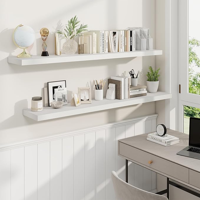 Fun Memories 55 Inch Fireplace Mantel Shelf -Long Floating Shelves, Deep Wall Mounted Farmhouse Display Shelves with Invisible Heavy Duty Metal Bracket, White, 2 Pack-Ruum Studio Home