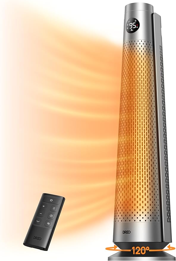 Dreo Space Heater Indoor, 30" Electric Heaters with Remote, 120° Oscillation, Adjustable Thermostat, 5 Heat & 3 Fan levels, 8 Safety Protections, 25dB Quiet, 1-12H Timer, Large Room Bedroom, Silver-Ruum Studio Home