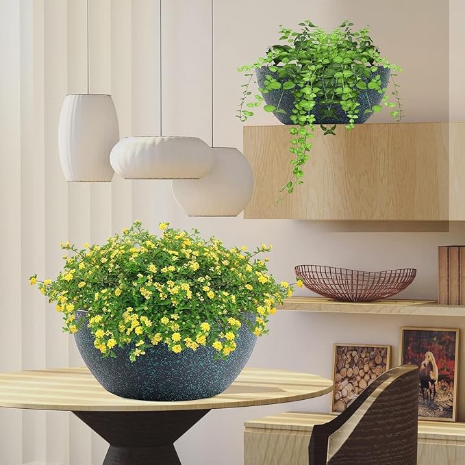 10inch Hanging Planters for Outdoor Indoor Plants with Drainage Holes and Chain, 2 Pack Round Hanging Flower Pots for Garden Home Porch Decor, Black with Green Speckles-Ruum Studio Home