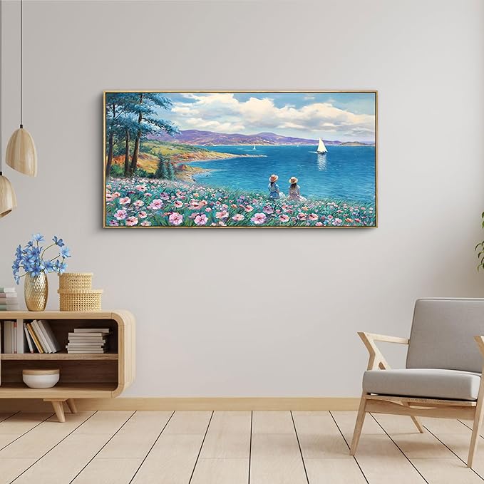 XLSJERST Landscape Wall Art - Blue Ocean Pink Flower Sailboat Mountain Tree Decor Orange Frame Artwork for Wall Large Picture for Living Room Bedroom Home Office Wall Decoration Size 20x40-Ruum Studio Home