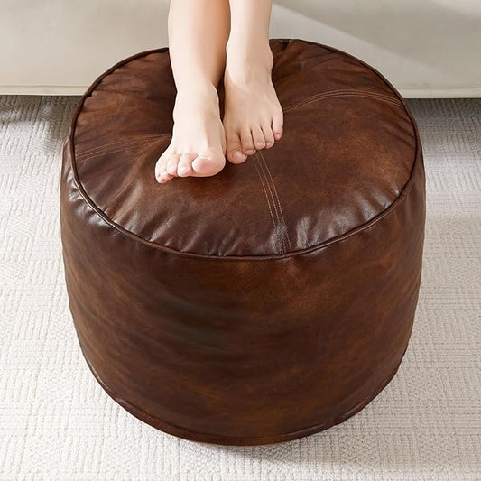 HIGOGOGO Round Stuffed Pouf Ottoman, Pu Leather Poufs with Foam Chunk Filling, Furry and Fluffy Pouf Foot Stool Storage Ottoman, 26 X 18 Floor Poufs Foot Rest for Living Room,Dark Brown-Ruum Studio Home