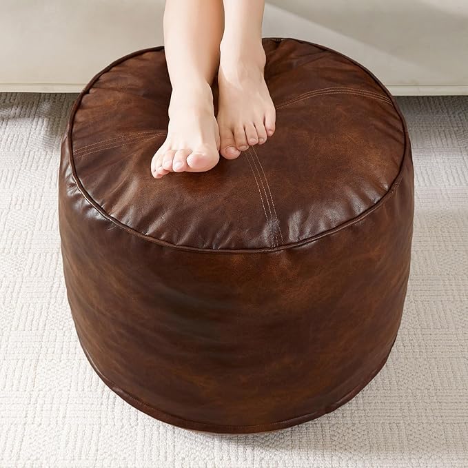 HIGOGOGO Round Stuffed Pouf Ottoman, Pu Leather Poufs with Foam Chunk Filling, Furry and Fluffy Pouf Foot Stool Storage Ottoman, 20 X 15 Floor Poufs Foot Rest for Living Room,Dark Brown-Ruum Studio Home
