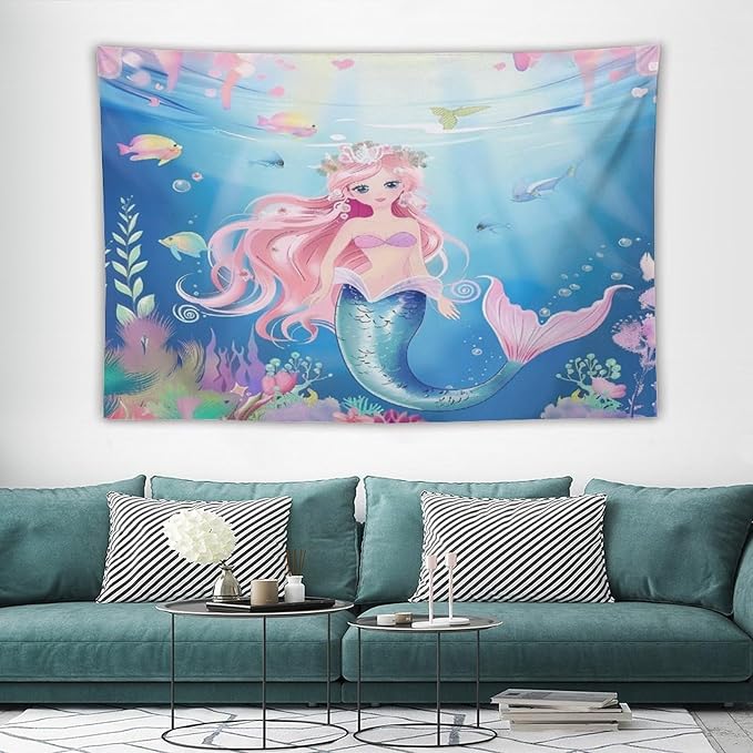 HZOHNAGO Mermaid Girls Tapestry Watercolor Mermaid Princess Pattern Printed Wall Tapestry Wall Hanging for Bedroom Living Room Dorm 60" W x 40" H-Ruum Studio Home