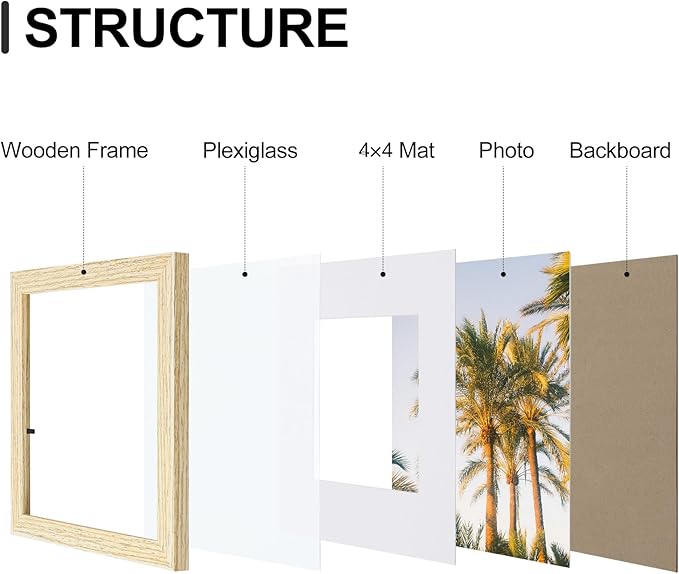 Vittanly 8x8 Picture Frames Set of 9, Shatter Resistant Plexiglass, Display 4x4 Pictures with Mat or 8x8 without Mat, Photo Frames for Wall Mount, Engineered Wood, OAK-Ruum Studio Home