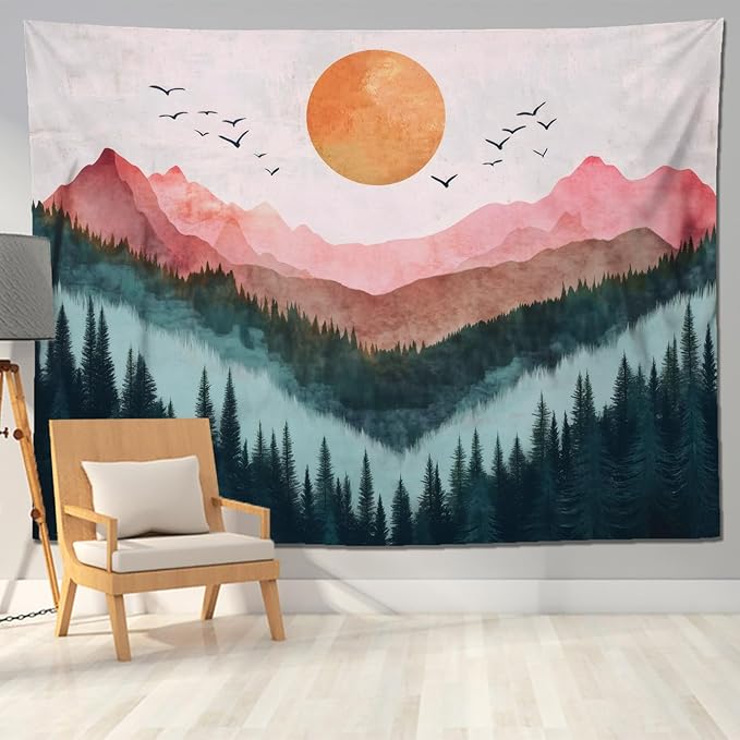 keowhsf Sunset Mountain Forest Tapestry - Large Nature Landscape Wall Hanging, Aesthetic Pine Tree Scenery Wall Art for Bedroom & Living Room Decor-Ruum Studio Home