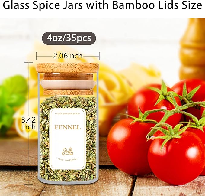 Spice Jars with Labels, 35 Pcs 4 oz Glass Spice Jars with Bamboo Lids, Minimalist Stackable Airtight Spice Containers with 426 labels for Home Kitchen, Pantry, Spice Cabinet, Drawer, Rack-Ruum Studio Home