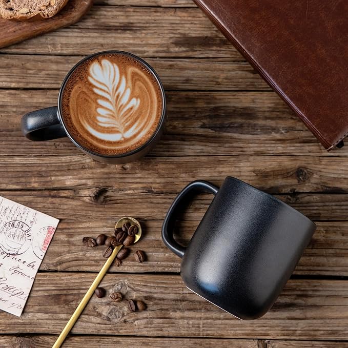 AmorArc 14oz Coffee Mugs Set of 6, Ceramic Coffee Mugs with Large Handle & Wavy Rim for Latte/Hot Cocoa/Tea, Stylish Coffee Mugs for Men Women. Oven,Dishwasher&Microwave Safe, Matte Black-Ruum Studio Home