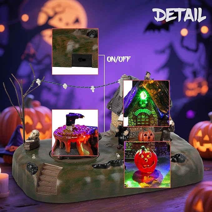 Halloween Village Witch Cauldron Bubble Figurine with Lit House Spooky Town Indoor Decoration Accessories for Holiday Display, Battery Operated-Ruum Studio Home