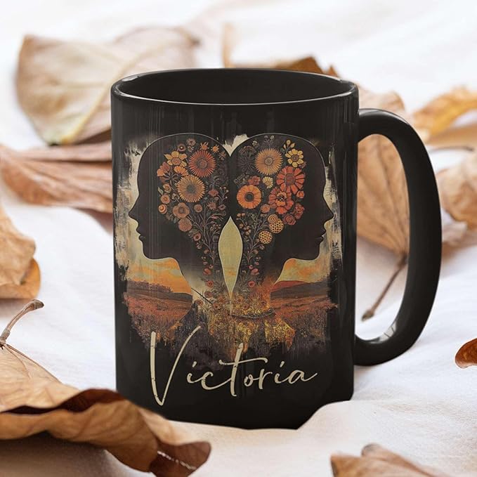 Personalized Autumn Landscape Black Cup, Custom Name Coffee Mug 11oz 15oz, Custom Floral Silhouette Ceramic Cup, Gifts for Women, Zodiac Inspired Coffee Mug, Gifts for Birthday-Ruum Studio Home