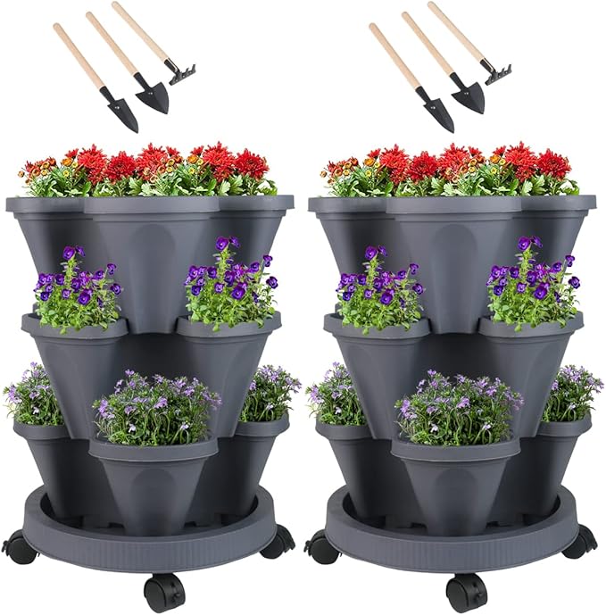 Vertical Planter 3 Tier Stackable Planters Garden Planters Strawberry Herb Flower and Vegetable Planter Indoor Outdoor Gardening Pots with Removable Wheels and Tools-Ruum Studio Home