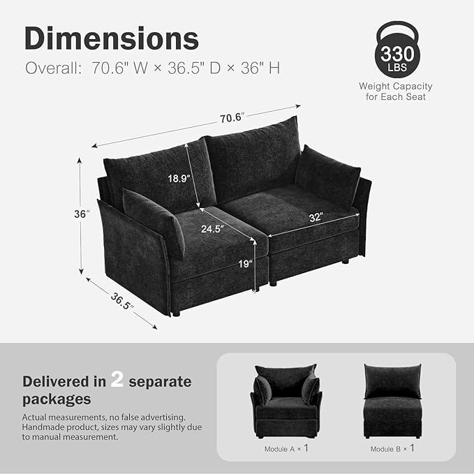 Oversized Loveseat Sofa, Modern Modular Sectional Couch Black Fluffy Chenille Mid Century 2-Seat 24.5" Deep Seat for Apartment, Living Room, Bedroom-Ruum Studio Home